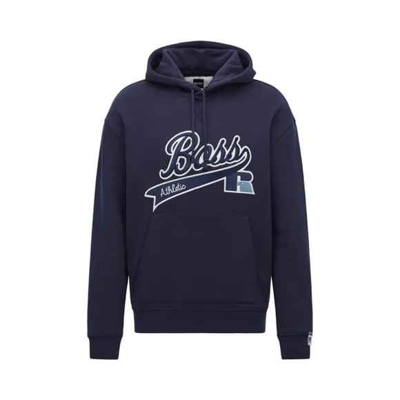 RARE HUGO BOSS X Russell Athletic Hoodie Sweater Embroidered Large Navy Blue - Picture 1 of 7